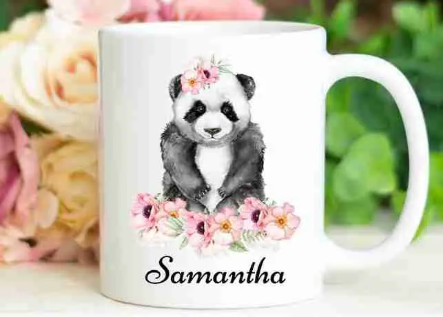 personalized flowered panda tea mug